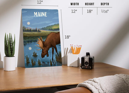 Lantern Press Maine, Lithograph, Reflection Pond and Bull Moose, 12x18 Inch Aluminum Sign, Indoor or Outdoor Use