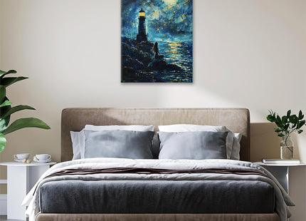 Lighthouse Canvas Wall Art Mermaid Painting Picture Coastal Night Scenery Framed for Bathroom Bedroom Living Room Nautical Ocean Modern Home Office Wall Decor 12"x16"