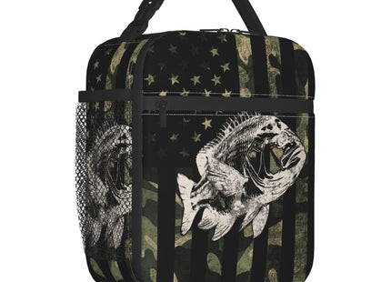 Anyako Fishing Camouflage American Flag Bass Lunch Box, Portable Insulated Lunch Bag with Detachable Handle,Reusable Lunchbox for Boys Girls Men Women Adults