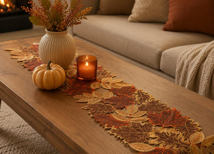 Fall Table Runner 13x69 Inches Long Autumn Maple Leaf Embroidered Runner