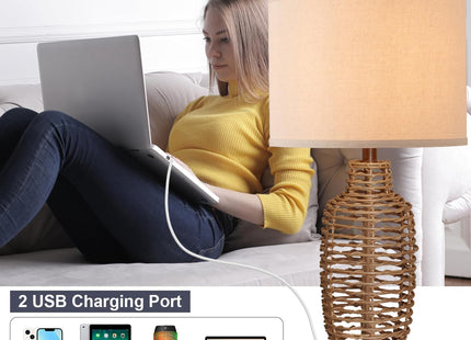 YIMNOVP Rattan Table Lamps Set of 2 Wicker Lamps 3 Way Dimmable Touch Control Farmhouse Rustic Coastal Lamps with USB Port for Bedroom Living Room Office (LED Bulbs Included)