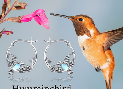 Vintage Hummingbird Moonstone Hoop Earrings 925 Sterling Silver Hummingbird with Moonstone Hoop Earrings for Women Gifts