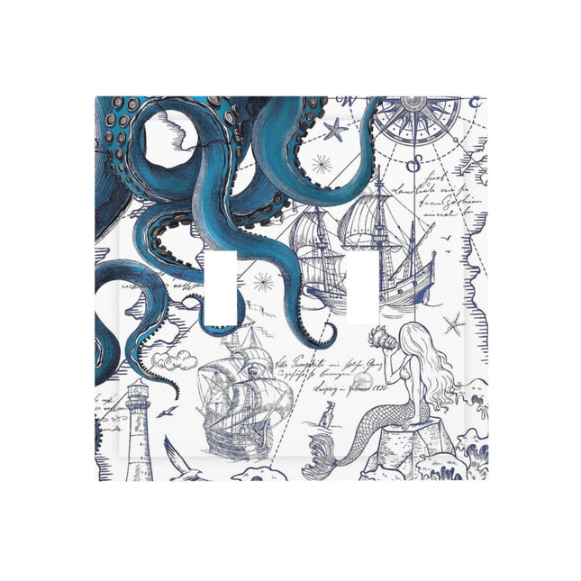 Nautical Octopus Mermaid Lighthouse 2 Gang Double Toggle Light Switch Cover Electric Wall Plate Electrical Faceplate for Bathroom Home Living Room Jumbo Size Decor