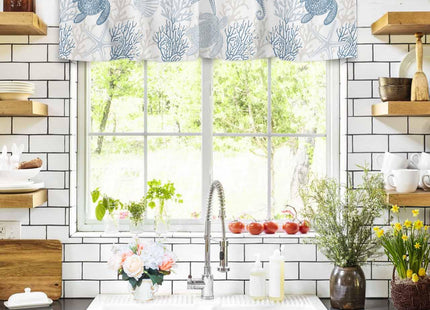 Pinroote Blue Grey Coastal Valances for Windows Treatment Farmhouse Decor, Sea Turtle Nautical Coral Summer Beach Rod Pocket Valance Curtains for Living Room, Bedroom, Kitchen, 54"W x 18"L - 1 Panel