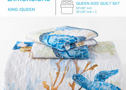DJY Ocean Coastal Quilt Queen Size, 3 Pcs Sea Turtle Theme Bedspread Set