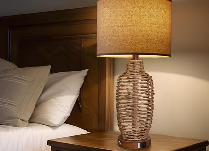 YIMNOVP Rattan Table Lamps Set of 2 Wicker Lamps 3 Way Dimmable Touch Control Farmhouse Rustic Coastal Lamps with USB Port for Bedroom Living Room Office (LED Bulbs Included)