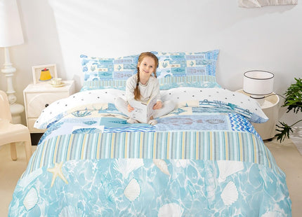 Homewish Coastal Duvet Cover Set Twin Size,Sketch Shell Coral Print Bedding Sets 2Pcs for Kids Girls Boys Adult Room Decor,Blue Stripe Plaid Comforter Cover Ocean Beach Quilt Cover,1 Pillowcase