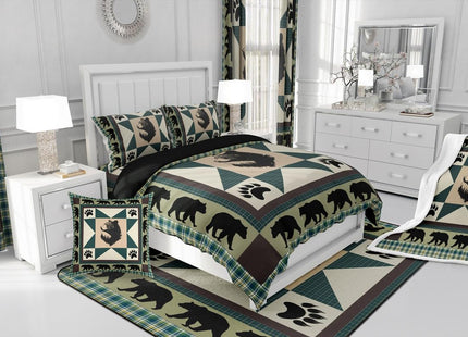 Erosebridal Black Bear Comforter Set Western Bedding Set Twin Patchwork Geometric Triangle Lattice Quilt Woodland Wildlife Bear Paw Print Duvet Insert,Green Checkered Buffalo Plaid Decor