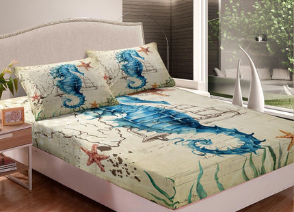 Seahorse Bedding Set Full 3D Seahorse Printed Decorative Bed Sheet Set Marine Mediterranean Style Bed CoverTeal Ocean Animal Fitted Sheet Ocean Park Theme Bedding Kids Child Boys Girls Bedroom