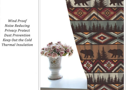 SHElifestyle Bear Tribal Aztec Curtains, Rustic Fir Tree Cabin Country Lodge Camping Window Treatments Retro Abstract Geometric Blackout Window Drapes for Bedroom Living Room 42x45in