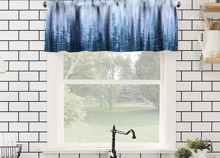 ZhiRain Blue Forest Valance Curtain Coniferous Trees Silhouette Nature Landscape Rod Pocket Valance Window Treatments 1 Panel Short Curtains for Kitchen Farmhouse Living Room Decor 54 x 18 in