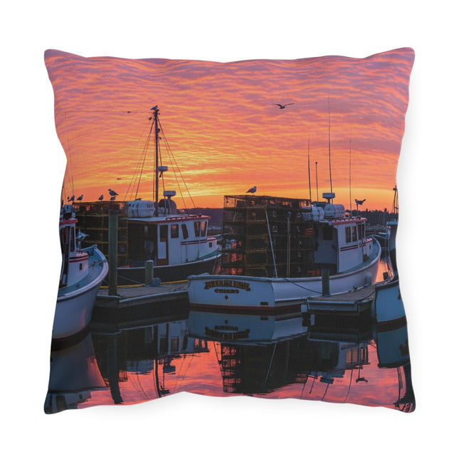 Lobster Boats in Maine Harbor Outdoor Pillow - Double-Sided with Vibrant Colors