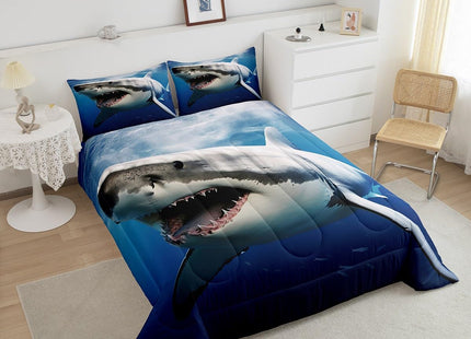 Kids Comforter Set for Boys Girls,3D Shark Fish Down Comforter 2 Piece Hawaiian Beach Theme Bedding Quilted Duvet Set Ocean Sea Animal Pattern Blue Duvet Insert for Toddler Teen Bedroom Decor,Twin