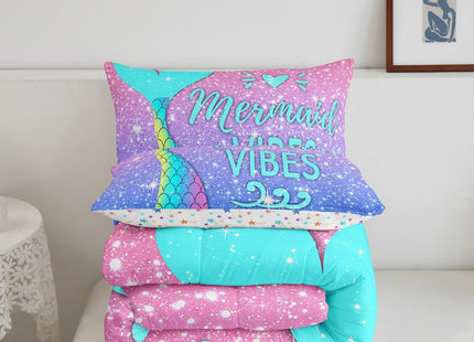 Girls Mermaid Tail Comforter Set Full Kawaii Coastal Fish Scales Bedding Set Glitter Star Galaxy Comforter Blue Pink Pastel Ombre Set Princess Bed Set Ocean Animal Quilt Duvet 2 Pillowcases Teal