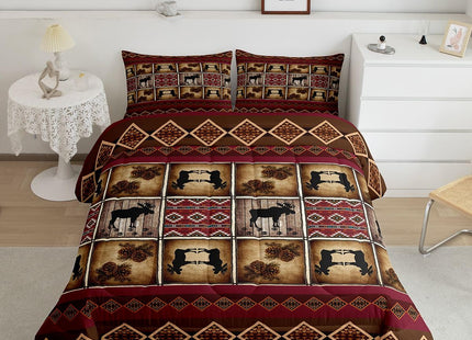 Erosebridal Wildlife Moose Comforter Sets Queen Rustic Cabin Lodge Bedding Sets Aztec Southwestern Native Tribal Comforter for Kids Adult Men Women,Hunting Woodland Animal Quilt Set Red Brown