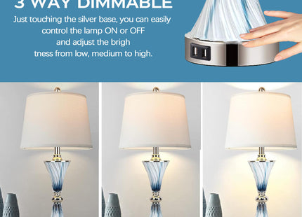 Hamucd 3-Way Dimmable Touch Glass Table Lamps for Bedrooms with 2 USB Ports Set of 2 Coastal Beach Bedside Lamps for Contemporary Modern Night Stand Lamps with 2 LED Bulbs for Lighting Decor