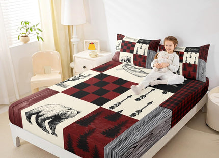 Rustic Lodge Bear Moose Deer Sheet Set Full,Patchwork Red Black Buffalo Check Plaid Bed Sheets Set Farmhouse Hunting Woodland Animal Bedding,Camping Cabin Fitted Sheet + Flat Sheet + 2 Pillow Cases
