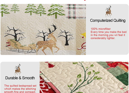Hailea Christmas Bedspread Coverlet Twin Size Christmas Quilt Elk Snowman Bedding Set Lightweight Reversible Aqua Beige Red Plaid Quilt Bedspread Xmas Lodge Coverlet Snowflake Elk Xmas Tree Decor