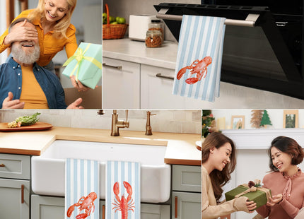 cvjutf Coastal Red Lobster Crawfish Kitchen Towels Set of 2, Beach Preppy Decor Dish Towel, East Coast Beachy Blue Striped Decor Hand Tea Towels for Bathroom Kitchen, Maine Lobster Gifts, 16x24 Inch