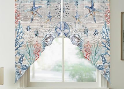 Coastal Starfish Swag Valances for Windows Rod Pocket Kitchen Window Curtains Over Sink, Ocean Sea Beach Coral Blue Kitchen Curtains Sets, Swag Curtains Valance for Living Room, 28"x36" Set of 2