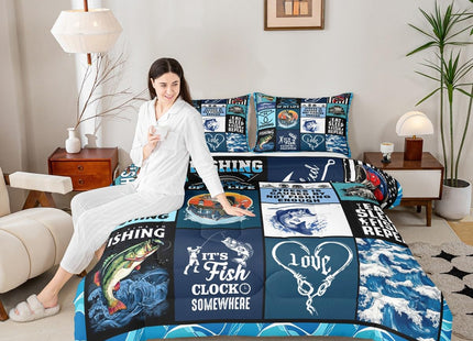 Manfei Go Fishing Kids Comforter Set Twin Size,Bass Fish Hook Geometric Plaids Bedding Set,Boys Girls Adults Room Decor,Sea Waves Rustic Camper Down Comforter,Blue Fashion Duvet Insert,1 Pillowcase