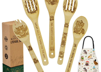 Owl Gifts for Women Kitchen Utensils Set - Bamboo Cooking Spoons Apron
