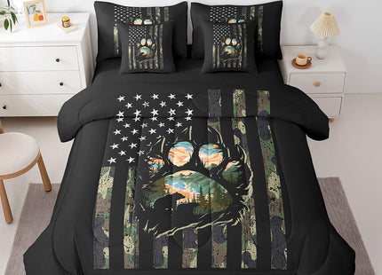 Erosebridal 7 Piece Rustic Farmhouse Bedding Sets Camo American Flag Bear Twin Comforter Set with Sheets Country Cabin Camping and Hunting Bed in A Bag for Kids Adults,Woodland Wildlife Bed Set