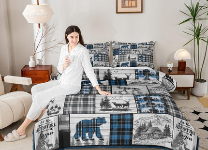 Hunting Wolf Bear Deer Moose Comforter Set For Kids Boys Retro Blue Black Grey Plaid Buffalo Plaid Lodge Quilt Comforter Full Rustic Farmhouse Cabin Bedding Set Woodland Animal Duvet Set 3 Pcs