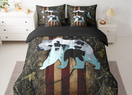 Feelyou American Flag Bear Cabin Comforter Set King Size Kids Boys Girls