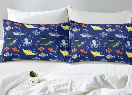Erosebridal Tortoise Bed Sheets Set for Kida Boys Room, Sea Turtle Shark Flat Fitted Sheet Twin Size, Underwater World Bedding Set, Octopus Sea Animal Bed Set, Soft Microfiber Decor, Dark Blue
