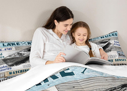 Manfei Lake House Theme Kids Comforter Set Twin Size,Boating Fishing Happy Camping Bedding Set,Girls Boys Adults Room Decor,Old Wooden Board Down Comforter,Rustic Farmhouse Duvet Insert,1 Pillowcase