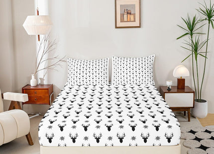 Manfei Deer Antlers Kids Sheet Queen Size,Snowflake Merry Christmas Xmas Bedding Set,Girls Boys Adults Room Decor,Rustic Farmhouse Black White Chic Bed Sheet Set 4pcs(Fitted + Flat + 2 Pillowcases)