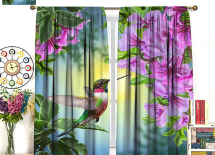 Hummingbird Blackout Curtains, Beautiful Purple Floral Hummingbird Nature Theme, for Bedroom Living Room, 2 Panel Set, 42x54 Inch