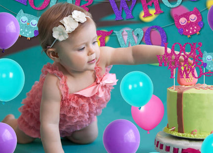 Owl Themed 2nd Birthday Party Decorations, with Look Whoo Is Two Owl Banner Cake Topper Purple Pink Balloon Set, for Kids Cute Owl 2 Years Old Birthday Party Supplies