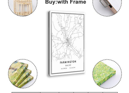 QJWZZong Farmington Maine Map Black And White Lines Minimalist City Topography Canvas Posters Wall Art Bedroom Office Room Decor Gift Frame 12" L X 18" W
