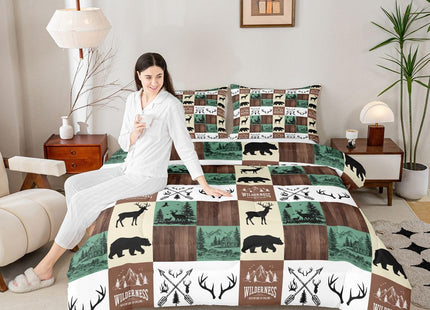 Hunting Bear Deer Comforter Set, Farmhouse Lodge Cabin Bedding Set Twin Size for Kids Boys Teens Bedroom Decor, Rustic Woodland Moose Duvet Insert Western Country Patchwork Quilt with 1 Pillow Case