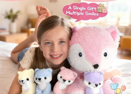 Muiteiur Pink Fox Stuffed Animal Set 5 Pcs, 20" Mom Fox Plush with 4 Babies