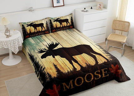 Erosebridal Farmhouse Bedding Pine Tree Rustic Decor, Moose Queen Comforter Set Wild Animal Bedding Comforter Sets, Oil Painting Abstract Quilt, Wildlife Nature Safari Room Decor for Boys Girls Teen