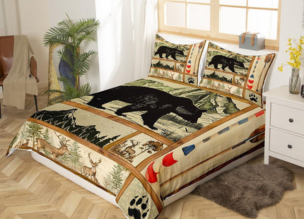 Farmhouse Hunting Bear Duvet Cover Twin, Lake House Decor Comforter Cover, Retro Woodland Lake Paddle Bedding Set, Deer Moose Wildlife Bed Cover, Rustic Buffalo Grid Quilt Cover Cabin Lodege Decor