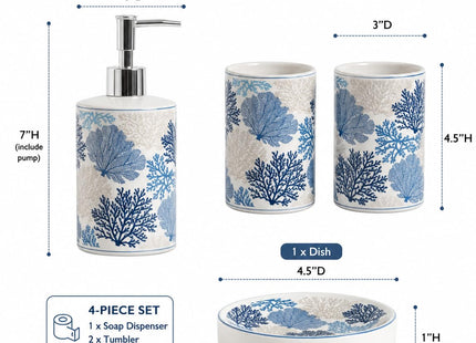 4-Piece Ceramic Bathroom Accessory Set, Blue Coastal Coral Design Soap Dispenser, Toothbrush Holder, Tumbler and Soap Dish, Ocean Sea Fan Bathroom Countertop Decor