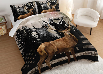 HOSIMA Snowy Forest Deer Comforter Set with 2 Pillowcases,Camo American Flag Twin Bed in a Bag Hunting Bedding Set for Teen Mens Bedroom Essentials,Wildlife Elk Comforter Boys Room Decor.