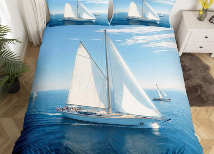 Erosebridal Sailing Boat Comforter Cover Nautical Bedding Set Sea Wave Print Duvet Cover Sea Landscape Bedspread Cover, Blue Breathable Decoration 1 Duvet Cover with 2 Pillow Cases Queen Size