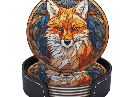 Fox Drink Coaster Set, Leather Coasters with Holder, 6 Pack for Table Protection (Fox)