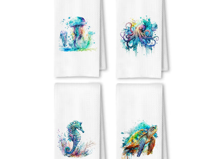 ArtisaEura Coastal Jellyfish Octopus Sea Horse Turtle Beach Hand Towels for Bathroom Set of 4, Coastal Beach Kitchen Towels, Nautical Dish Tea Towels for Kitchen Decor, Ocean Bathroom Decor, 16x24in