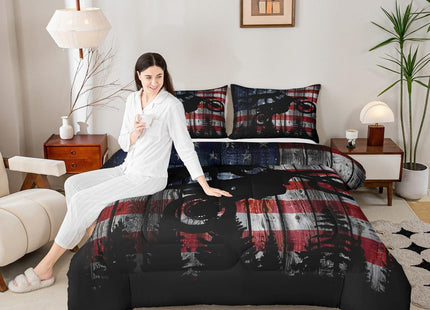 Homewish American Flag Bedding Set Full Size Boys Dirt Bike Racing Motocross Rider Comforter Set Kids Teens Men Rustic Farmhouse Wooden Quilt Set Retro Black Pine Tree Silhouette Duvet Insert 3pcs