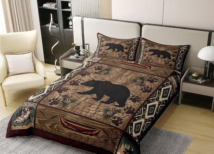 100% Natural Cotton Lodge Cabin Duvet Cover Queen,Wild Bear Animal Silhouette Bedding Set (Not Comforter) for Country Room Decor,Bohemian Pattern Wooden Print Bedspread Cover with Zipper Closure