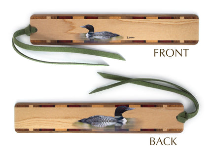 Common Loon Wooden Bookmark | Loon Bird Bookmark Double-Sided Water Bird Design | Lake Bird Nature Gift Bookmark | Handmade Wood Bookmark with Green Ultrasuede Tassel | Made in the USA