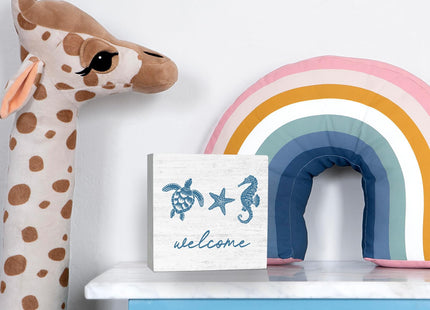 JRTW Welcome Rustic Summer Beach Wood Box Sign, 5x5 inches, Modern Starfish Theme, Tabletop Mount, Home & Office Decor