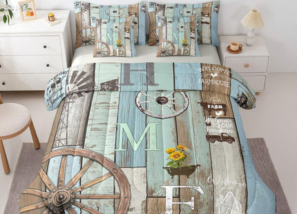 Erosebridal 7 Piece Farmhouse Bedding Country Rustic Cabin Twin Comforter Set with Sheets,Western Wooden Board Wheel Bed in A Bag for Kids Adults,Pastoral Planks Bed Sets Teal Brown Home Decor