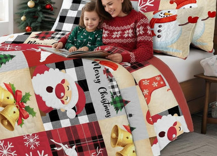 Merry Christmas Patchwork Quilt Set King- Santa Claus Bear Deer Tree Snowflakes Checkered Holiday Bedding Set - Soft Microfiber Lightweight Comforter Coverlet Bedspread(Snowman Santa, King(90"x104"))